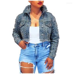 Damesjacks Women Vrouwen Vintage Rivets Rapel Button Down Long Sleeve Pocket Distressed Short Denim Jean Jacket Teen Girls Coat