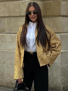 Vestes pour femmes paillettes de sequins bombardiers poches à manches longues Autunm hiver chic coulage de vêtements de rue