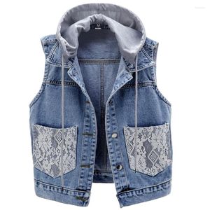 Vestes Femmes Femmes Court Denim Dentelle Poche Manteau À Capuchon Printemps Automne Slim Jeans Sans Manches Veste Casual Tops