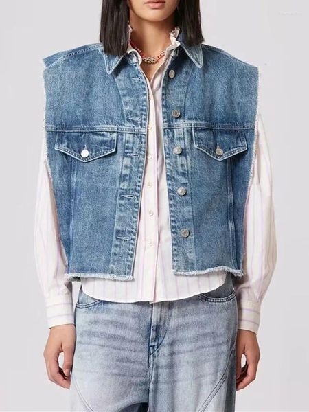 Vestes Femmes Femmes Sans Manches Ragged Edge Denim Gilet Manteau 2023 Printemps Été Dames Turn-Down Collier Court Réservoir Veste Tops All-Match