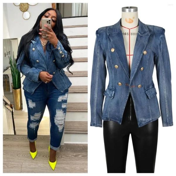 Vestes Femmes Femmes Slim Jeans Veste Mode Col Cranté À Manches Longues Double Boutonnage Denim Manteaux Casual Streetwear Tops Femme Blazer