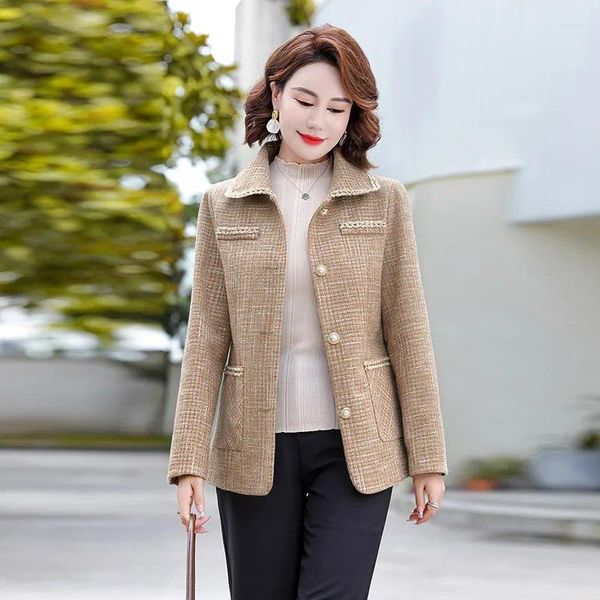 Jackets de mujeres Women Spring Autumn Autumn Tweed Lapel Collar Oficina de la Oficina de la dama Diseño del botón de la camiseta de celosía