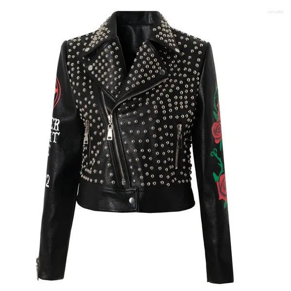 Chaquetas de mujer Mujer Primavera Cuero de remache negro con Rose Rock Punk DJ y abrigos para