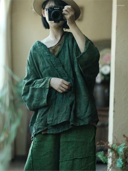 Chaquetas de mujer, chaqueta de lino con cuello en V de Color sólido para primavera y verano para mujer, abrigo de lino Vintage para mujer, Tops 2023