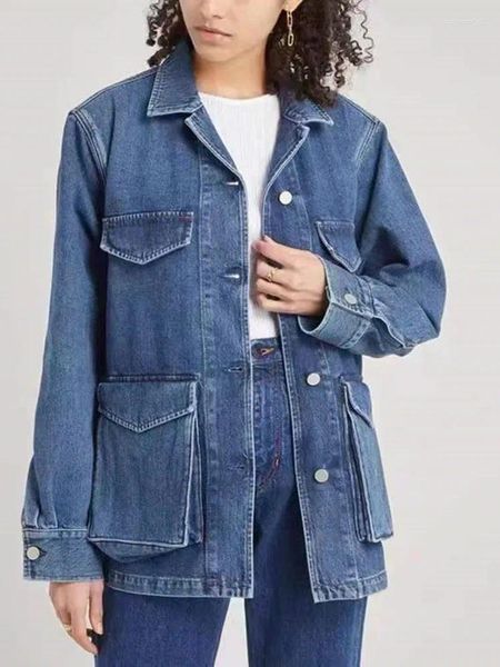 Vestes Femmes Femmes Droite Drop Épaule Denim Veste 2024 Automne Lady Vintage Grande Poche Col Rabattu Cardigan Simple Boutonnage