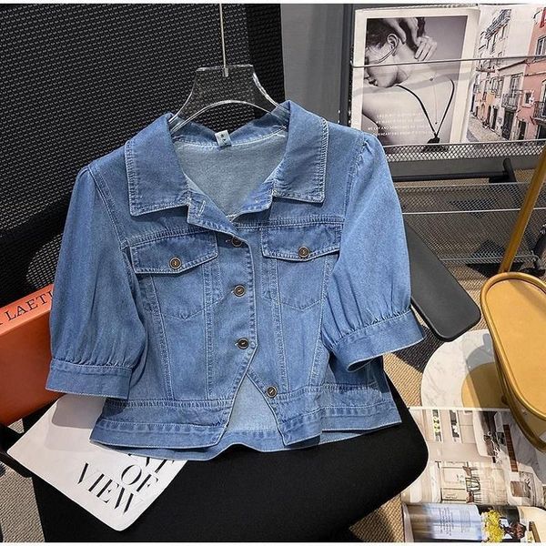 Vestes Femme Été Bleu Manches Courtes Veste Jean Décontractée Manteaux Minces