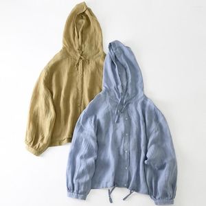 Vrouwen Jassen Vrouwen Zomer Lange Mouwen Dunne Linnen Shirt Bovenkleding 2023 Casual Minimalistische All-Match Hoed Witte Hoodies Zonnebrandcrème kleding