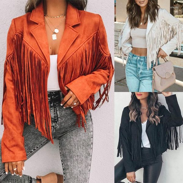 Chaquetas de mujer Mujeres Borla Hem Chaqueta corta 2023 Otoño Damas Naranja Negro Gamuza Abrigo de cuero Mujer 90s Vintage Moda High Street Tops