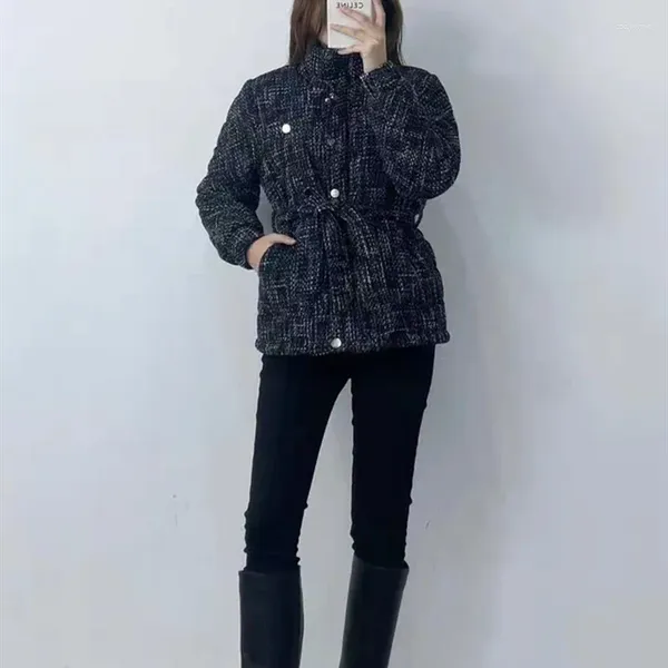 Chaquetas de mujer Chaqueta de tweed de cuello alto para mujer Chaqueta de tweed de un solo pecho Manga larga con cordones en la cintura Abrigo vintage Outwear Top para damas Outwears de invierno