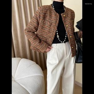 Damesjassen Dames Vintage Bruin Tweed Jack Kleine geur Lange mouw Strepen Katoenen voering Elegant Basic Mode Herfst Winter