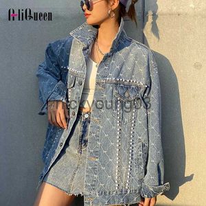 Damesjassen Dames Vintage Casual Losse Plaid Lange mouwen Parels Kralen Denim Jasje Vrouwelijke Harajuku Single Breasted Jean Jas Street chic J231113