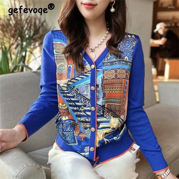 Vestes Femmes Femmes Vintage Graphique Imprimer Harajuku Chic Élégant Bouton Cardigan Veste Automne Y2K Mode Coréenne Col V Manches Longues Slim