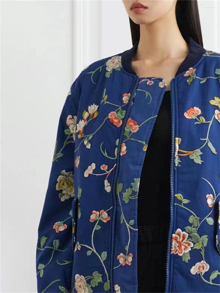 Vestes Femmes Femmes Vintage JacketThree-Dimensional Floral Broderie Dames O-Cou Manches Longues Fermeture À Glissière Chaud Manteau Court Automne 2023