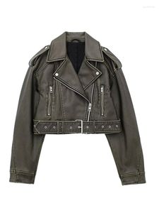 Damesjassen vrouwen vintage losse pu faux lederen kort jas met riem streetwear vrouwelijke rits rits retro moto biker jas outpartyt tops