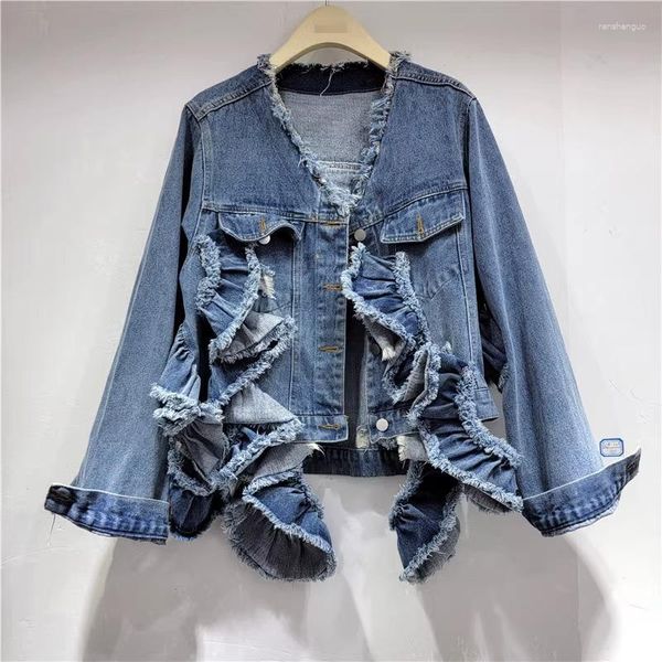 Vestes Femme Vintage Patchwork Volants Déchiré Denim Manteau Col V Bleu Trous Jeans Veste Cropped Outwear Manches Longues Streetwear Tops