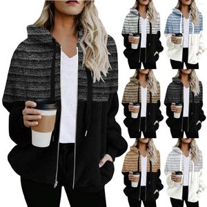 Femmes Vestes Femmes Chaud En Peluche Automne Hiver Fausse Fourrure Patchwork Surdimensionné Fermeture Éclair Outwear Dames Élégant Lâche Polaire À Capuche Manteau Veste