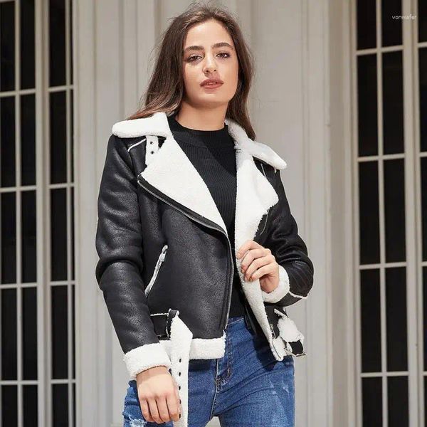 Chaquetas de mujer Mujeres Invierno Grueso Cálido Gamuza Cordero Chaqueta Corta Motocicleta Cremallera Abrigos Faux Shearling Piel de oveja Outwear Abrigo