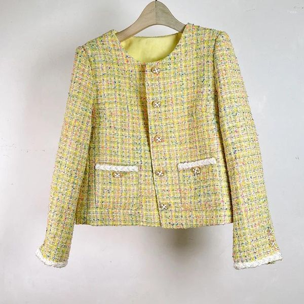 Jackets para mujeres Mujeres Tweed amarillo Jacket de manga larga Corea Corea elegante Papelado suelto Sweet de alta calidad Fragancia pequeña redonda de cuello redondo