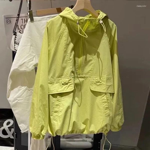 Chaquetas de mujer Mujeres chaqueta con cremallera moda amarillo verano con capucha top abrigo fino 2023 coreano suelto pantalla solar ropa sudaderas con capucha outwear femenino