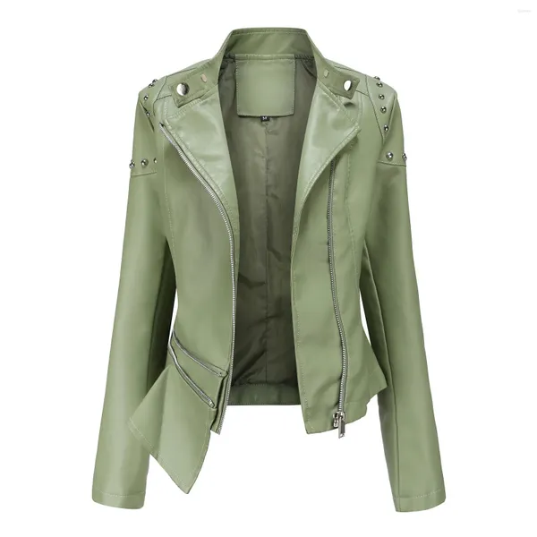 Chaquetas de mujer Mujeres con cremallera Chaqueta corta de cuero Remache Outwear Otoño Cool Biker Basic Abrigo de motocicleta Adelgazamiento Cintura