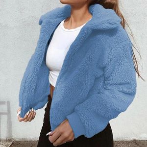 Chaquetas de mujer para mujer otoño invierno cálido abrigo de lana de imitación grueso chaqueta con cremallera para mujer prendas de vestir abrigos lisos con solapa lisa