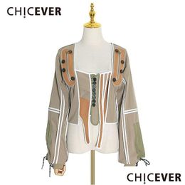 Damesjassen Chicever Work Hit Color Onregelmatige jassen voor dames Vierkante kraag Lantaarnmouwen Veters Dames 2021 Mode Drop D Dhtwo