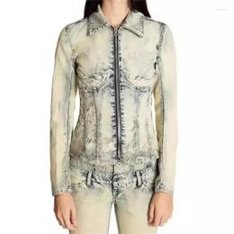 Damesjassen Womens Denim Jacket 2023 Autumn Vintage Wash Cotton Woman Coat Korean Fashion Laser Flower Burning Long Sleeve Top Y2k