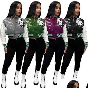 Vestes Femmes Femmes Mode Lettre Imprimer Double Filet Veste De Baseball Varsity Manteau Desinger Femmes Recadrée Bouton De Travail Letterman Dhqfc