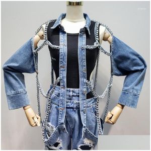 Damesjacks Womens Harajuku Niche Women Chain Denim Hole Jean-Coats Dames Stijlvolle Streetwear Metal Jacket High-Street Unique Se Dhlhi