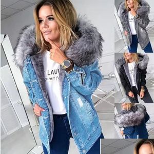 Vestes Femme Vestes Femmes Hiver Femmes Manches Longues Fausse Fourrure Capuche P Veste Chaude Boutons Déchirés Denim Manteau Mode Casual Drop Deli Dhfsm