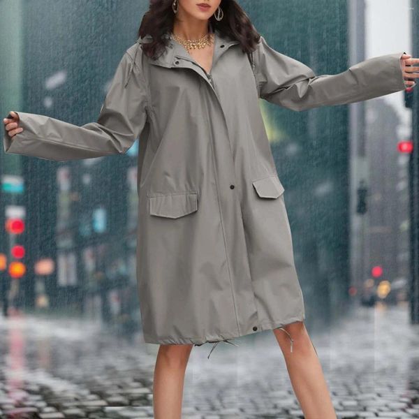 Vestes Femmes Veste de pluie légère pour femme avec capuche coupe-vent à manches longues zippé cordon de serrage poches lâches manteau