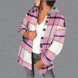 Chaquetas de mujer Chaqueta de chaqueta a cuadros para mujer Abrigos de lluvia con capucha de lana con botones de manga larga para mujer