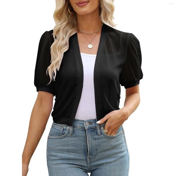 Vestes Femmes Femmes Cardigan Dépouillé Femmes Manches Bouffantes Boléro Ouvert Avant Été Recadrée Cardigans Transparents Pour Le Travail