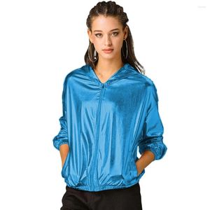 Vestes Femmes Femmes Vinyle Métallique À Capuche Bat Manches Longues Wetlook Punk Girls Dance Show Manteaux Zipper Brillant Discothèque Tenues De Fête