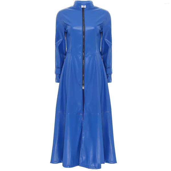 Vestes pour femmes Femmes coupe-vent pardessus élégant en cuir trench-coat col montant fermeture à glissière complète taille mince longueur de la cheville longue cosplay