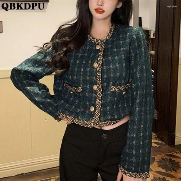 Vestes Femmes Laine Vert Plaid Vintage Tweed Printemps Femmes Coréen Élégant Manches Longues Crop Top Outwear Simple Boutonnage Streetwear Manteaux