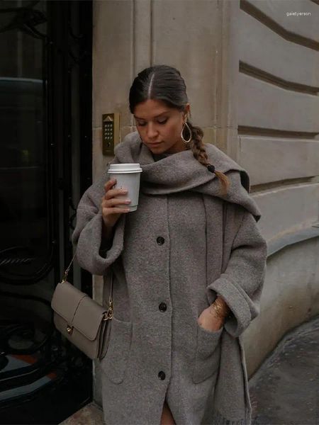 Chaquetas de mujer mezclas de lana abrigo empalmado con bufanda 2024 gabardina de un solo pecho para mujer invierno manga larga