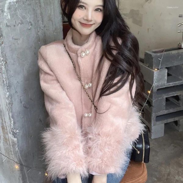Chaquetas de mujer Abrigo de lana Wome Otoño Invierno Puños de peluche coreanos Color sólido Medio cuello alto Solo pecho Moda Mujeres Tops