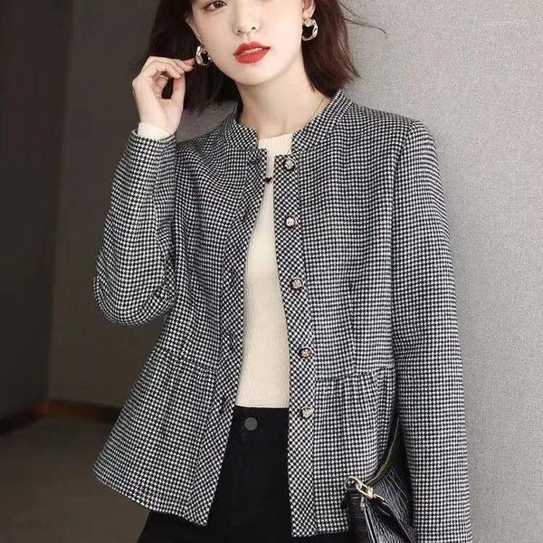 Vestes Femmes Laine Femmes Coréen Stand Simple Vintage Manteau Automne Hiver Bouton Casual Simple Boutonnage Houndstooth Design Outwear