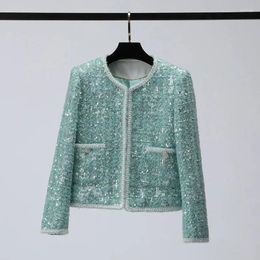 Chaquetas de mujer abrigo de Tweed tejido Otoño Invierno moda lentejuelas cortas de alta calidad pequeña fragancia chaqueta elegante de manga larga C30