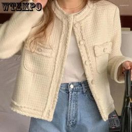 Vestes Femmes Wtempo Harajuku Blanc Femmes Coréen O-Cou Poches à poitrine unique Lâche All-Match Manteaux Style français Ins Streetwear