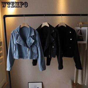 Damesjacks WTEMPO Spring herfst Nieuwe Koreaanse Solid Denim Coats Women Fashion Loose Moto Biker Turn Down Collar Short Denim Jackets Streetwear J231113