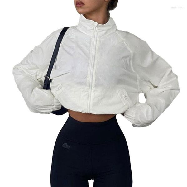 Chaquetas de mujer Xingqing Bomber Jacket Mujeres Y2K Ropa White Stand Collar Cremallera Manga larga Crop Tops con bolsillos 2000s Abrigos Streetwear