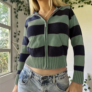 Xingqing y2k Esthetische Hoodie met Rits Dames Emo Gestreepte Gebreide Crop Tops met Lange Mouwen en Zakken Grunge Sweatshirt Streetwear 231219