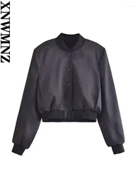 Chaquetas de mujer XNWMNZ 2024, chaqueta bomber corta de satén a la moda para mujer, abrigo elegante de manga larga con cuello redondo para mujer