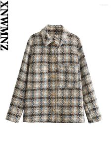 XNWMNZ Mode 2024 Herfst/Winter Getextureerde Geruit Overshirt Dames Vintage Revers Lange Mouw Zak Veelzijdige Vrouwelijke Jas