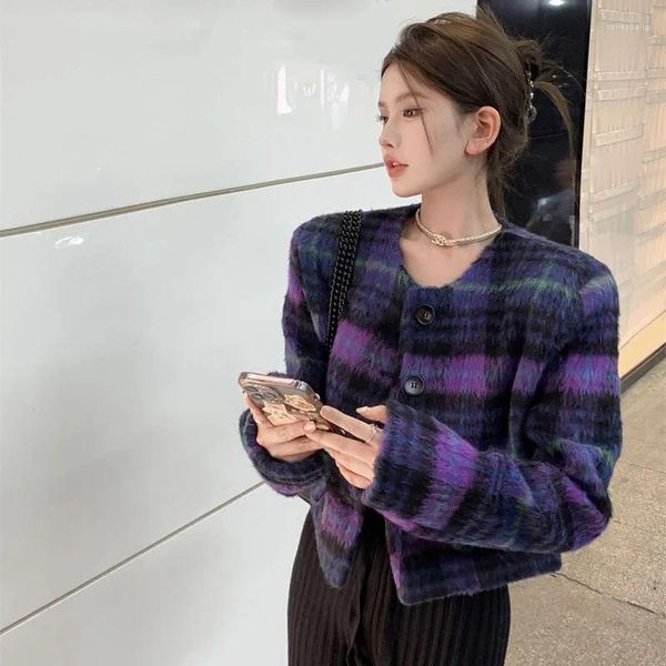 Vestes Femmes Xpqbb Purple Plaid Laine Veste Femmes Style Coréen Streetwear Simple Boutonnage Manteau Court Dames 2024 Printemps Manches Longues