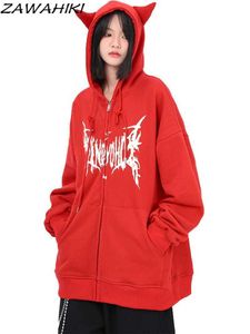 Vestes Femmes Y2K Sweat à capuche zippé Femmes Kawaii Devil Horn Tail Hiphop Streetwear Sweat-shirt imprimé graphique Harajuku Automne Punk E-Girl Outwear T221105