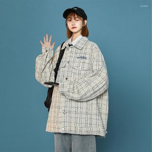 Damesjassen Yasuguoji Streetwear Herfstbrief geborduurd geruite jas Vrouwen Koreaanse mode revers Losse single breasted shirt