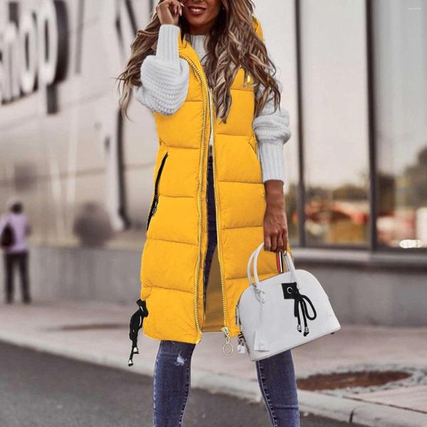 Chaquetas de mujer Chaqueta sin mangas amarilla Mujeres Chaleco con capucha sólido Abrigo con cremallera Bolsillo acolchado Bomber Chaleco Fleece Otoño Parkas al aire libre